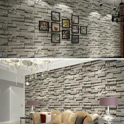 3D Stone Brick Tile Wallpaper Roll Bedroom Living Room Wall Decor Gray Sticker
