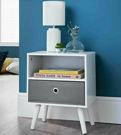 NEW SOLID 1 DRAWER BEDSIDE WITH STORAGE BASKET CABINET TABLE WOODEN WHITE GREY