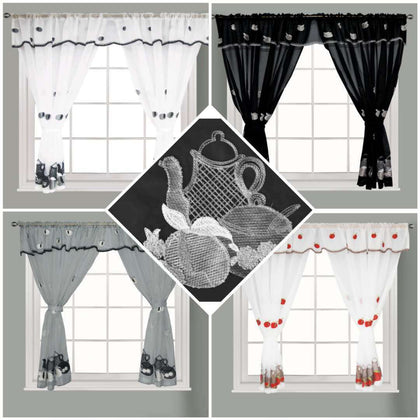 New Kitchen Curtain Window Curtain Net Set Rod Pocket Attached Valance Tiebacks