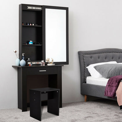 Black Dressing Table Make Up Desk Stool W/ Sliding Storage Mirror Drawer Vanity
