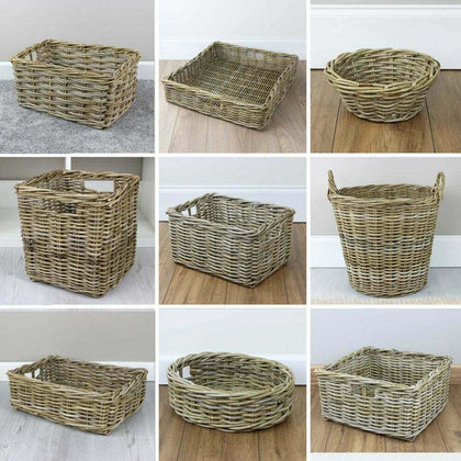 Grey & Buff Rattan Basket Collection Wicker Storage Log Floor Woven Gift Hamper