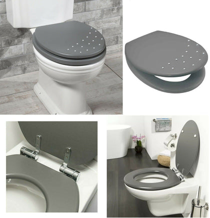 DIAMANTE WOODEN MDF GREY TOILET SEAT MODERN CHROME HINGES STANDARD SIZE EASY FIT