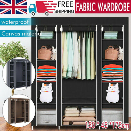 Large Canvas Fabric Wardrobe With Hanging Rail Shelving Clothes Storage Cupboard