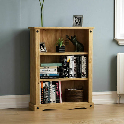 Corona Low Bookcase 3 Shelf Mexican Solid Waxed Pine Unit Living Room Furniture