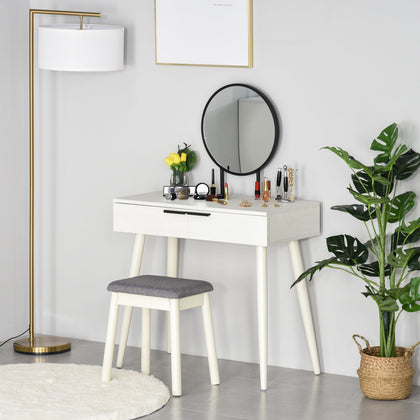 HOMCOM Dressing Table Vanity Set Make Up Desk with Round Mirror & Stool White