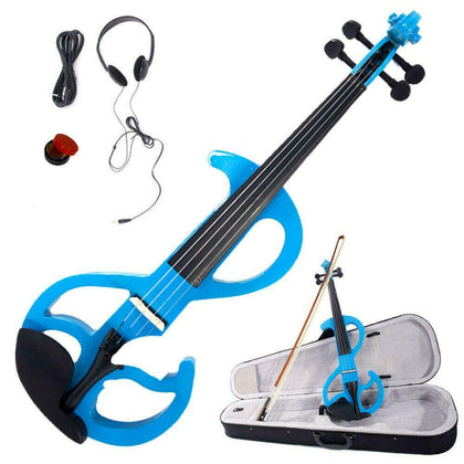 Blue 4/4 Electric Silent Violin Fiddle w/Case Bow Rosin Earphone Connecting Line