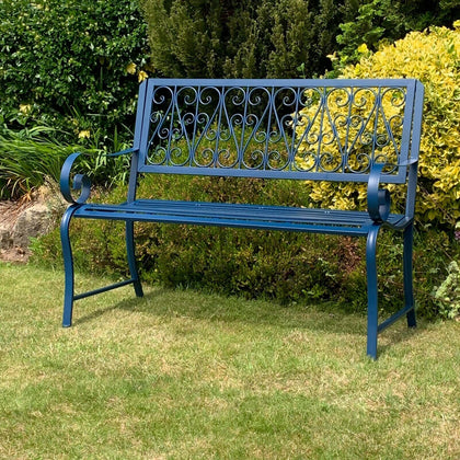 Blue 2 Seater Bench Garden Furniture Outdoor Metal Seat Patio Chair