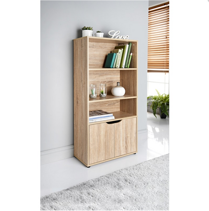 Oak 3 Shelves 2 Door Bookcase Storage Unit Display Cabinet Wood Furniture