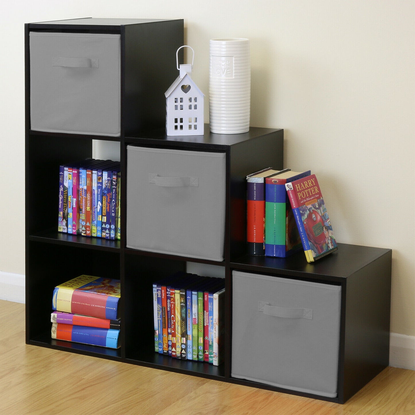 Black 6 Cube Kids Toy/Games Storage Unit Girls/Boys Bedroom Shelves 3 Grey Boxes