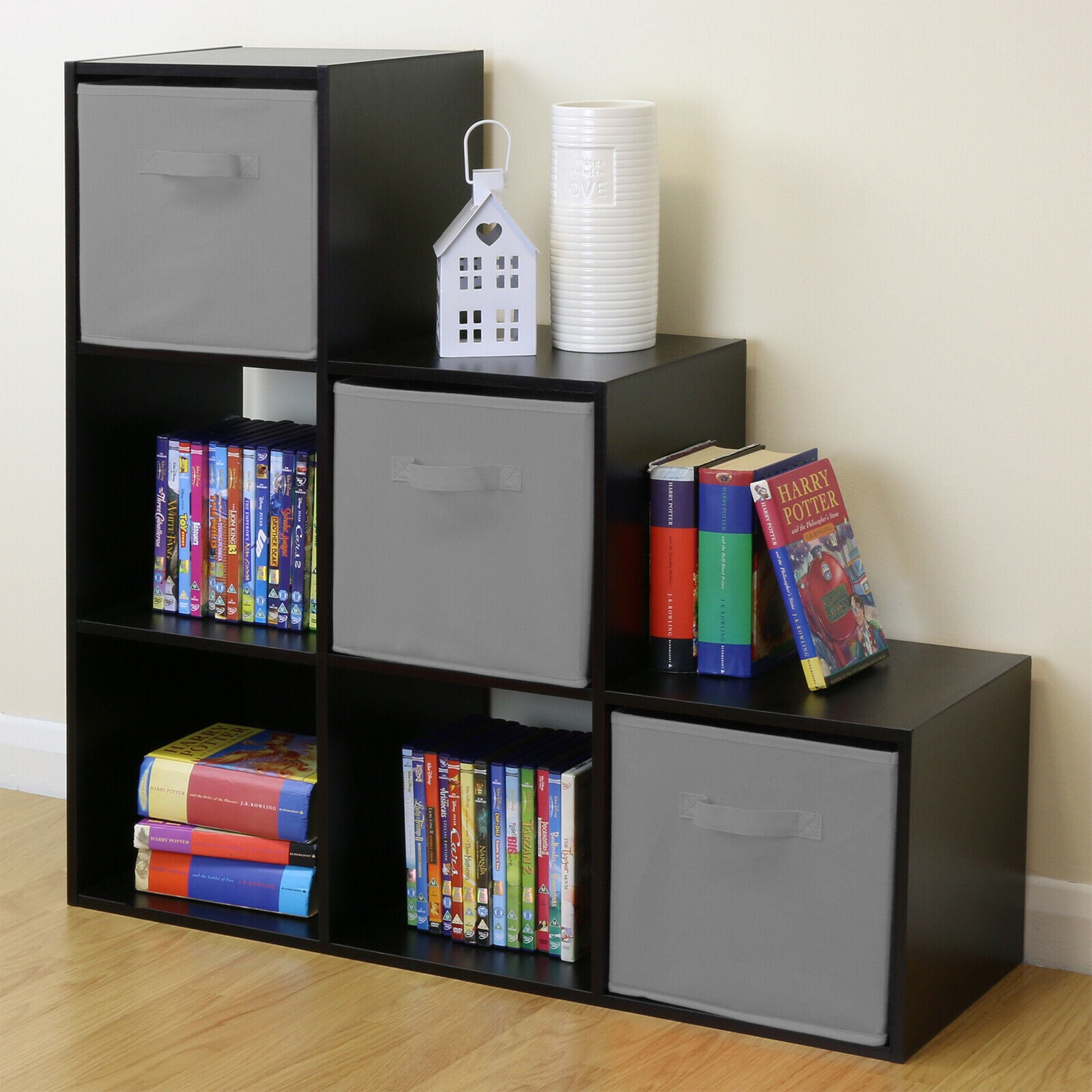 Black 6 Cube Kids Toy/Games Storage Unit Girls/Boys Bedroom Shelves 3 Grey Boxes
