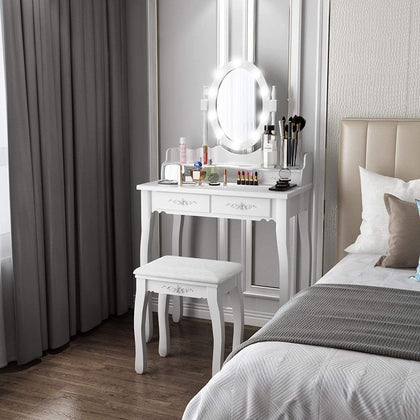 LED Dressing Table Set White Vanity Makeup Table 4 Drawers Adjustable Mirror