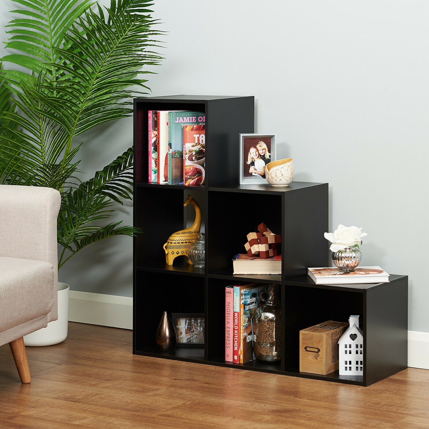 HARTLEYS BLACK 6 CUBE MODULAR SQUARE STORAGE/SHELVING 3 TIER SHELF DISPLAY UNIT