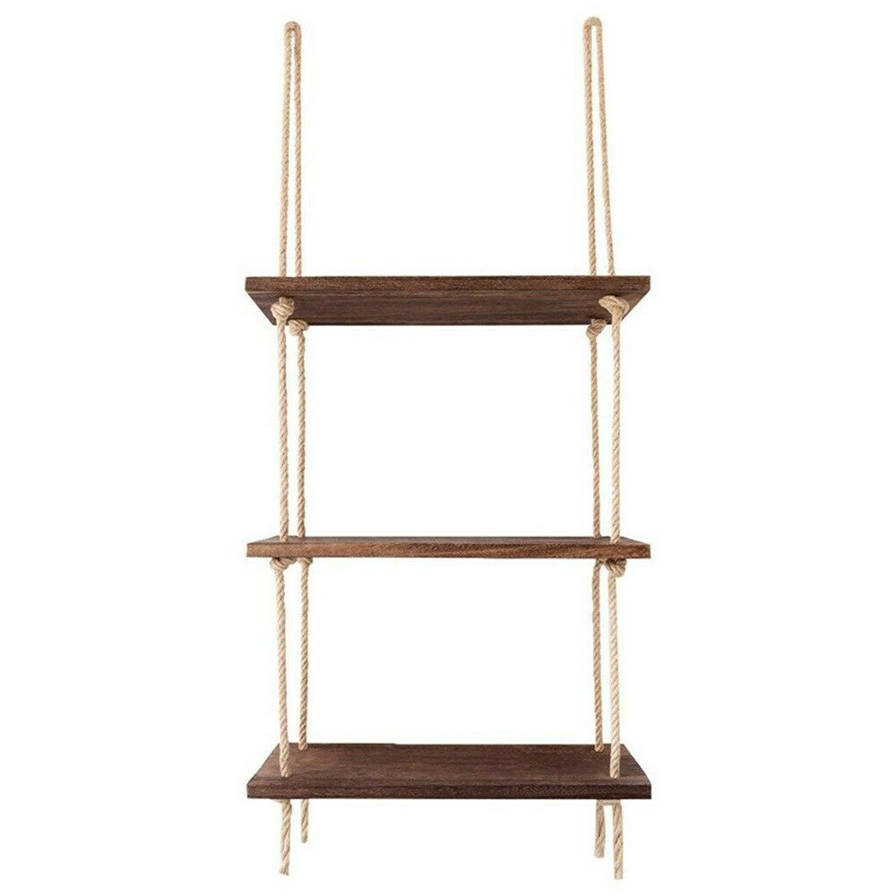3 Tiers Rustic Wooden Wall Hanging Rope Shelf Mounted Floating Storage Unit Home