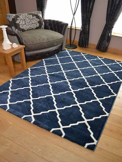 New Dark Blue Moroccan Trellis Modern Small Extra Large Rugs Long Hall Runners