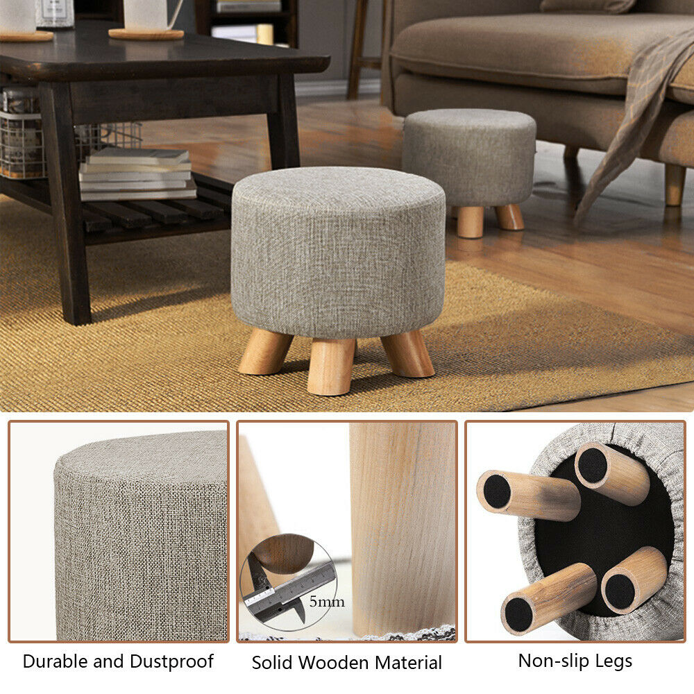 Round Ottoman Foot Rest Stool, Small Fabric Footstool With Non-Skid Wood  Legs, Beige