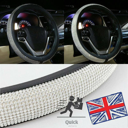 Car Steering Wheel Crystal Sparkled Diamond Cover Leather Skidproof Bling Black