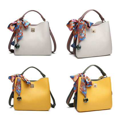 Ladies Designer Bucket Bag With Scarf Women Faux Leather Shoulder Handbag
