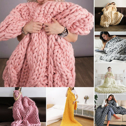 Chunky Knitted Cushion Blanket Handmade Yarn Sofa Chair Bed Cover Throw Blanket
