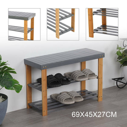 3Tier Grey Shoe Rack Seating Bench Hallway Storage Organiser Holder Stand Bamboo