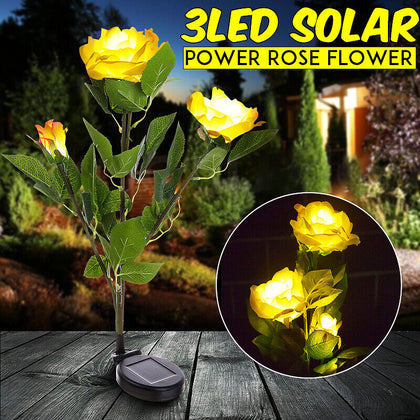 3 LED Solar Power Rose Flower Stake Lights Outdoor Garden Path Luminous Lam UK