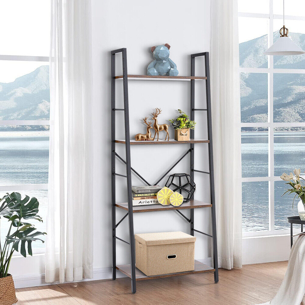 Industrial Ladder Shelf 4 Tier Wooden Bookshelf Storage Shelving Displ ...