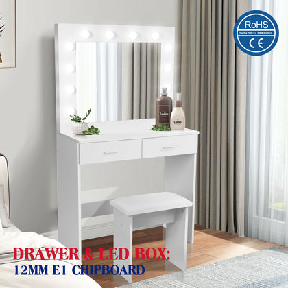 Dressing Table Stool Set w/LED Light Mirror Vanity Makeup Table 2 Large Drawers