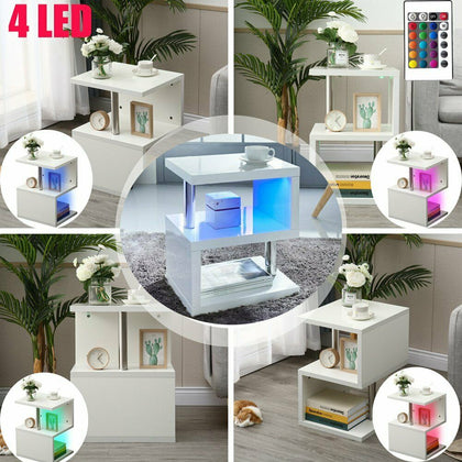 High Gloss 2 Tier Side/Coffee Table LED Light 2 Storage Living Room Furniture UK