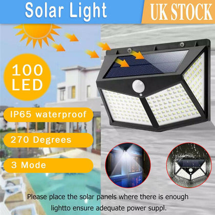 100 LED Solar Powered PIR Motion Sensor Wall Lights Outdoor Garden Security Lamp