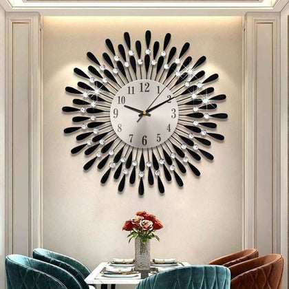 3D Large Diamante Beaded Crystal Jeweled Sunburst Wall Clock Living Room Kitchen