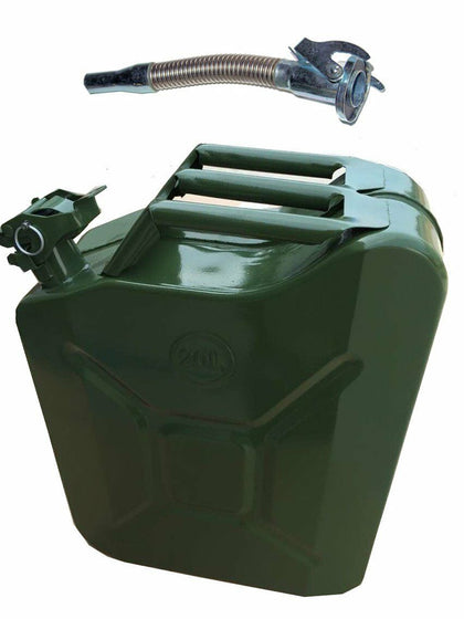 METAL FUEL JERRY CAN DIESEL PETROL OIL 20 LITRE GREEN MILITARY + Flexy Spout