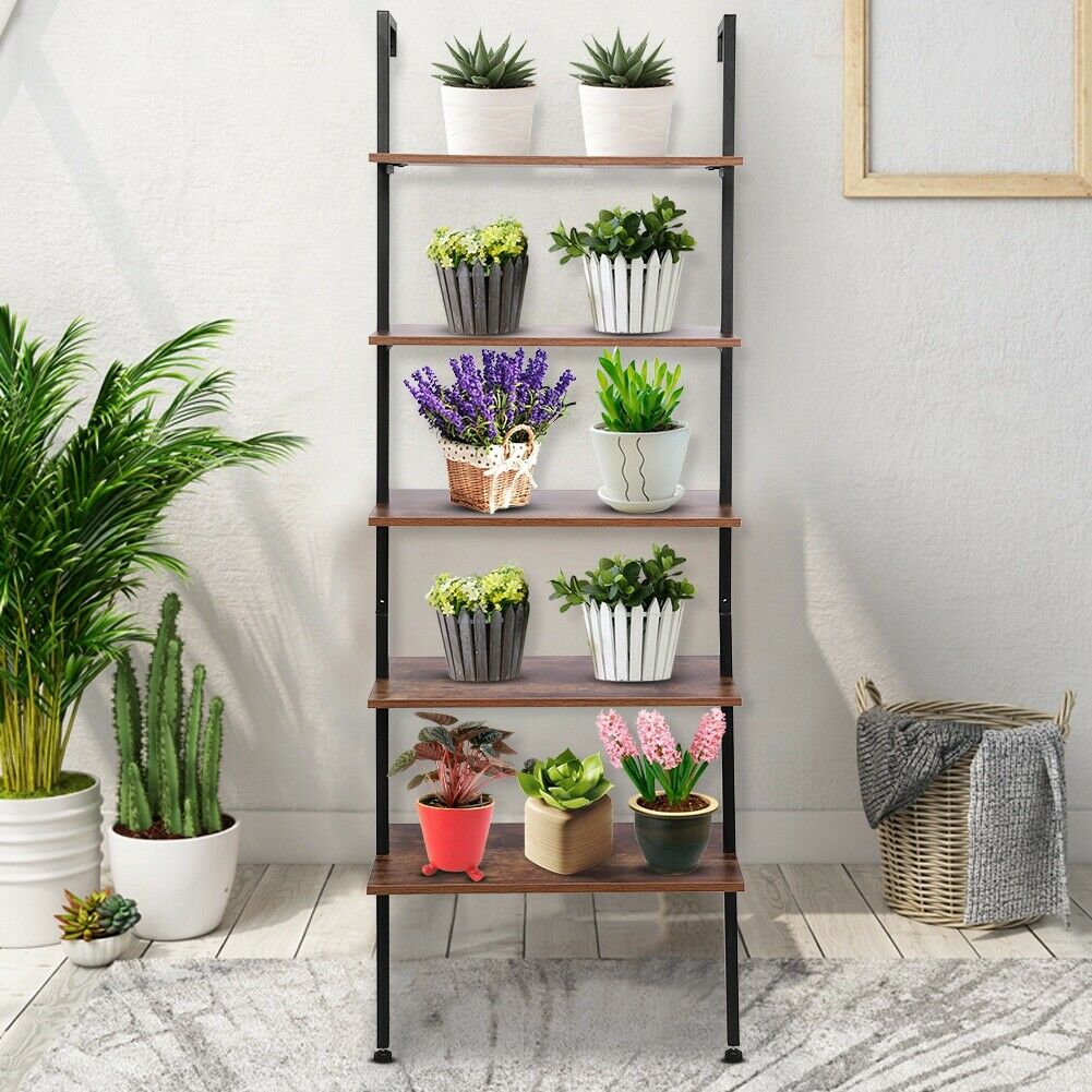 5 Tier Ladder Wall Shelf Storage Display Bookcase Leaning Living Room Metal Wood