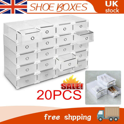 20x Clear Plastic Shoe Storage Boxes Drawer Stackable Foldable Durable Organiser