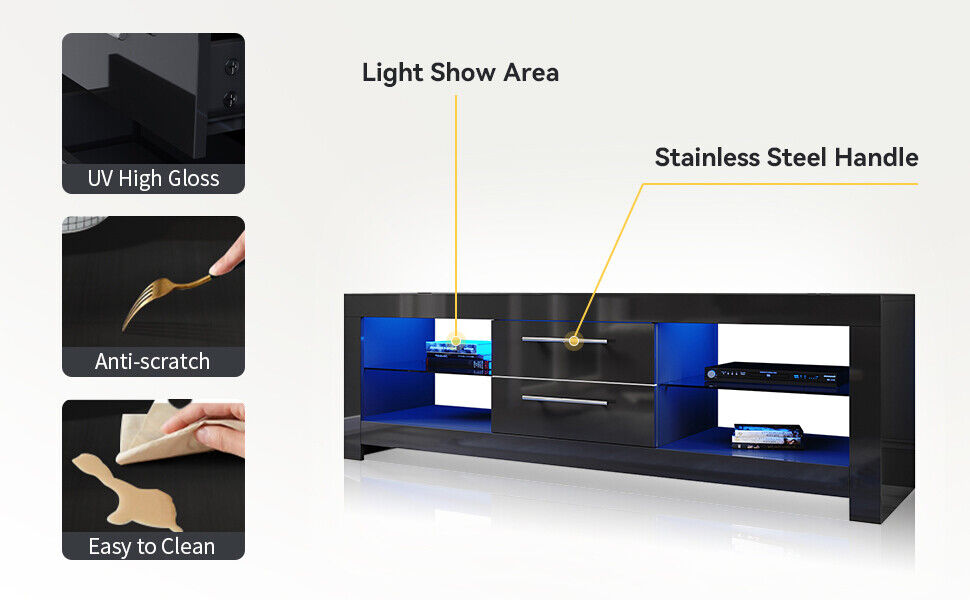 Black TV Stand Unit Cabinet Modern High Gloss Drawers 160cm with RGB LED Light