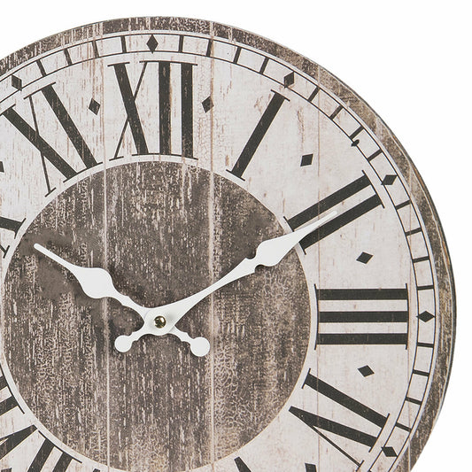 French Shabby Chic Style Rustic Round Wooden Wall Clock Brown White Roman Dial