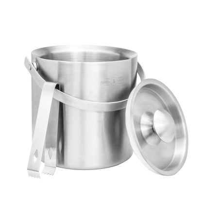 2L Ice Bucket with Tongs & Lid Insulated Double Walled Steel Cooler M&W
