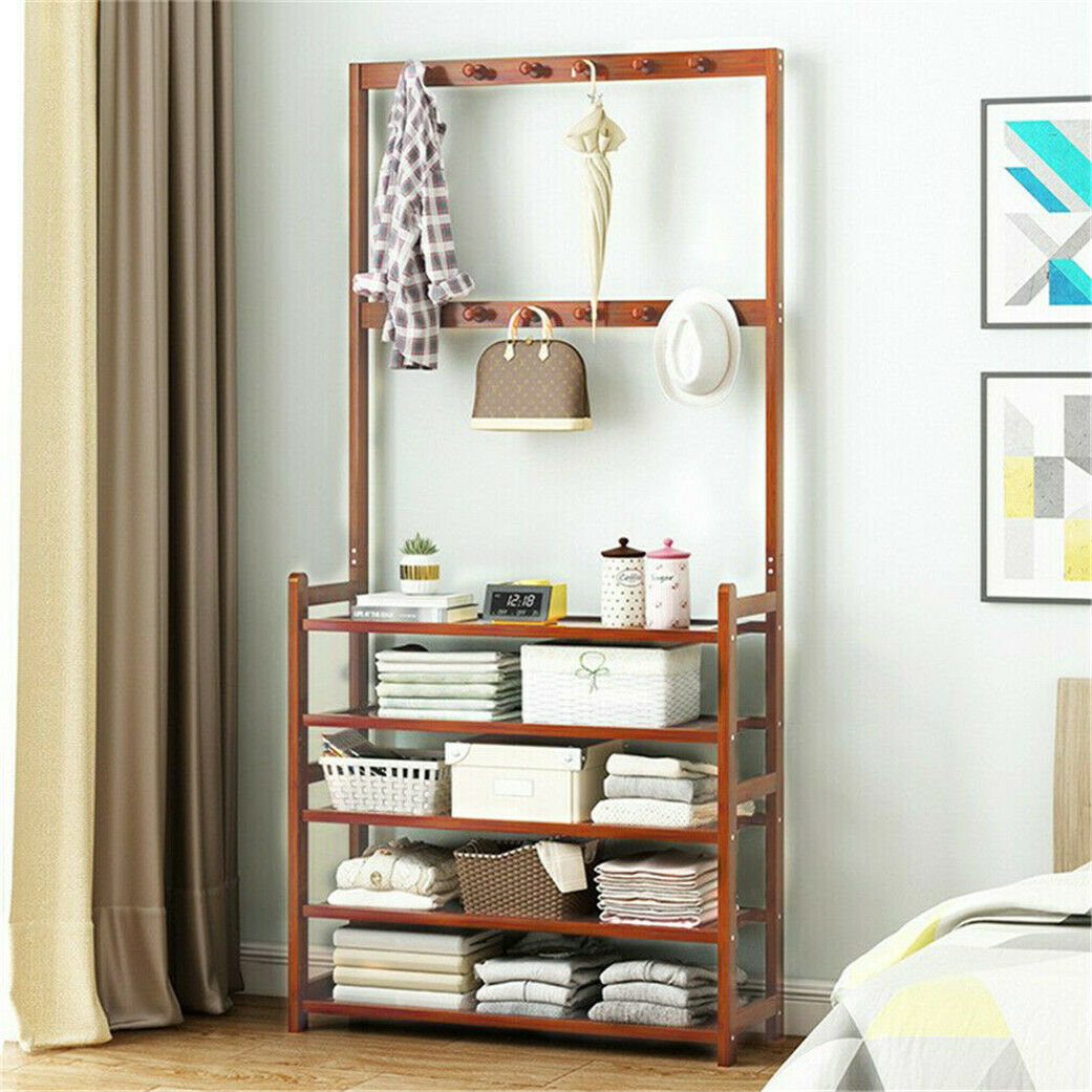 Retro Door Coat Rack Hooks with 5 Tier Shoe Shelves Integrated Storage Furniture