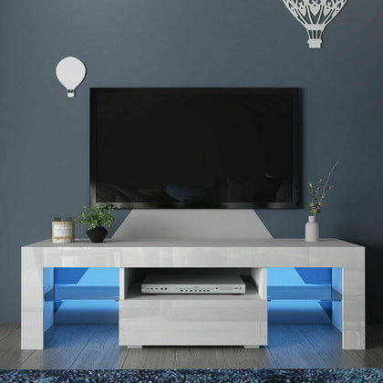 Modern TV Unit Cabinet Stand 130cm High Gloss Door Glass Shelf w/ RGB LED Lights