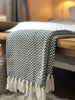 Luxury 100% Cotton Dark Grey White Herringbone Throw Blanket Fringed Sofa Bed