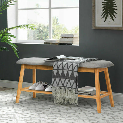 2-Tier Bamboo Hallway Shoe Bench Rack Stand Organiser Storage Upholstered Seat