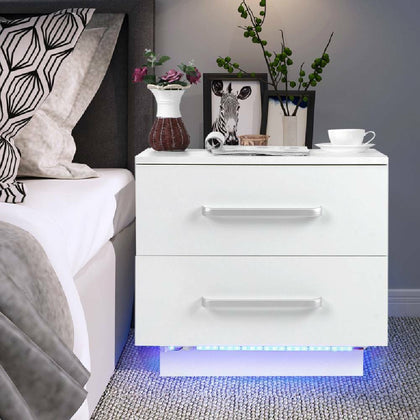 Bedside Table 2 Drawers Nightstand Front High Gloss Bedroom Cabinet w/ LED Light