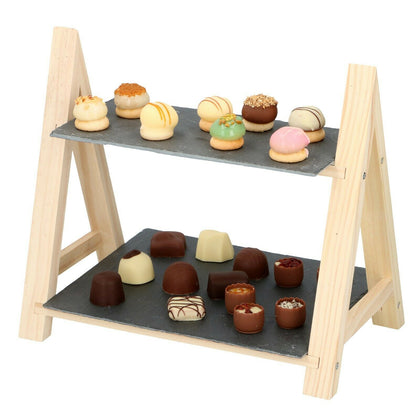 2 Layer Slate and Wood Snack Food Etagere Cake Display Stand Rack Wedding Decor