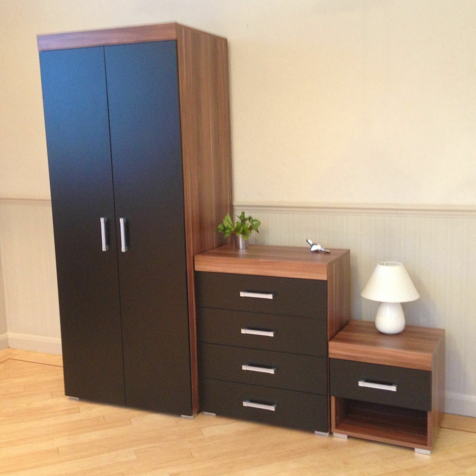 3 Piece Black & Walnut Bedroom Set! Wardrobe, 4 Drawer Chest, Bedside Table! NEW