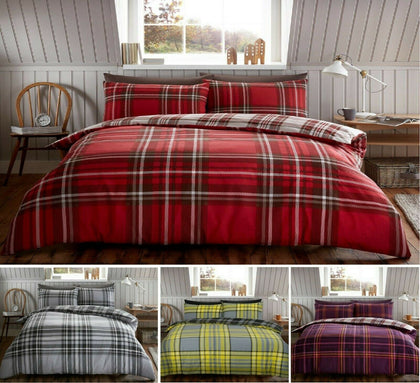 Thermal 100% Brushed Cotton FLANNELETTE TARTAN CHECK DUVET Quilt Cover Bed Sets