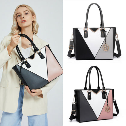 Women Designer V-shape PU Leather Handbag Tote Shoulder Bag Colour Block Pannel