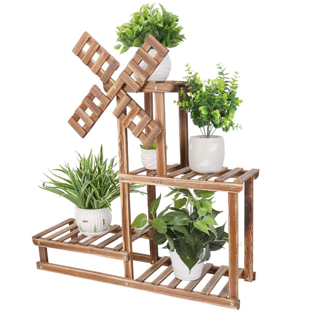 4 Tiers Flower Rack Wood Plant Stand Bonsai Display Shelf With Dutch Windmill