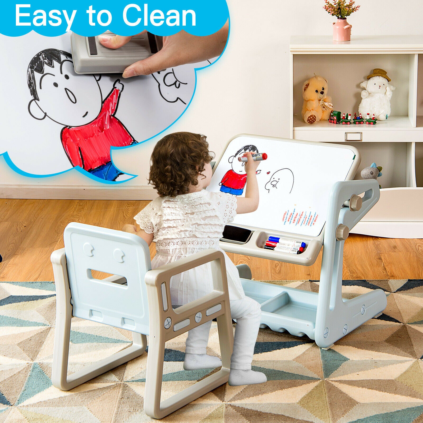 2 IN 1 Kids Table and Chair Set Adjustable Drawing Board Children Stud Quildinc