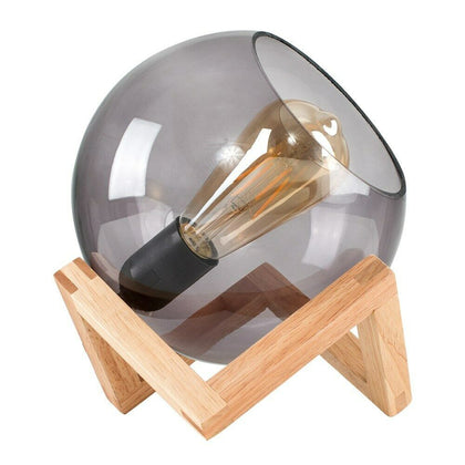 LED Table Lamp Smoked Glass Wooden Frame Base Industrial Filament Light Bulb