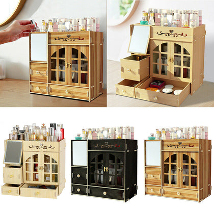 Wooden Cosmetic Makeup Display Organizer Drawer Case Box Jewelry Storage Cabinet