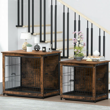 Wood Large Dog Pet Crate Furniture Sofa Side End Table Movable Tray 2 Metal Door