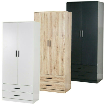 Tall Wooden 2 Door Wardrobe With 2 Drawers Bedroom Storage Hanging Bar Clothes